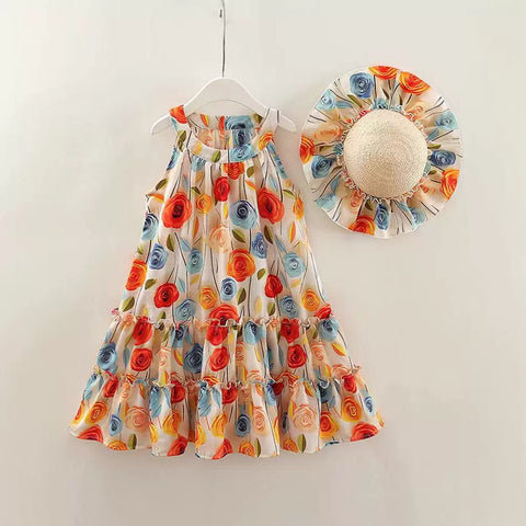 [363793] - Gaun Floral Dapat Topi Baju Dress Pantai Tanpa Lengan Fashion Anak Perempuan Cewek Bunga - Motif Rose Flower