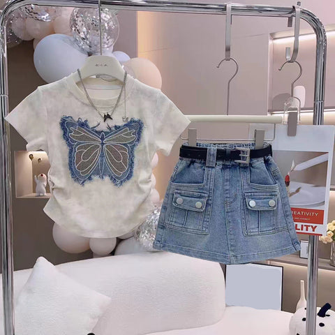 [363794] - One Set Anak Cewek Setelan Baju Lengan Pendek Bawahan Rok Celana Jeans Pendek Fashion Anak Perempuan - Motif Butterfly Denim