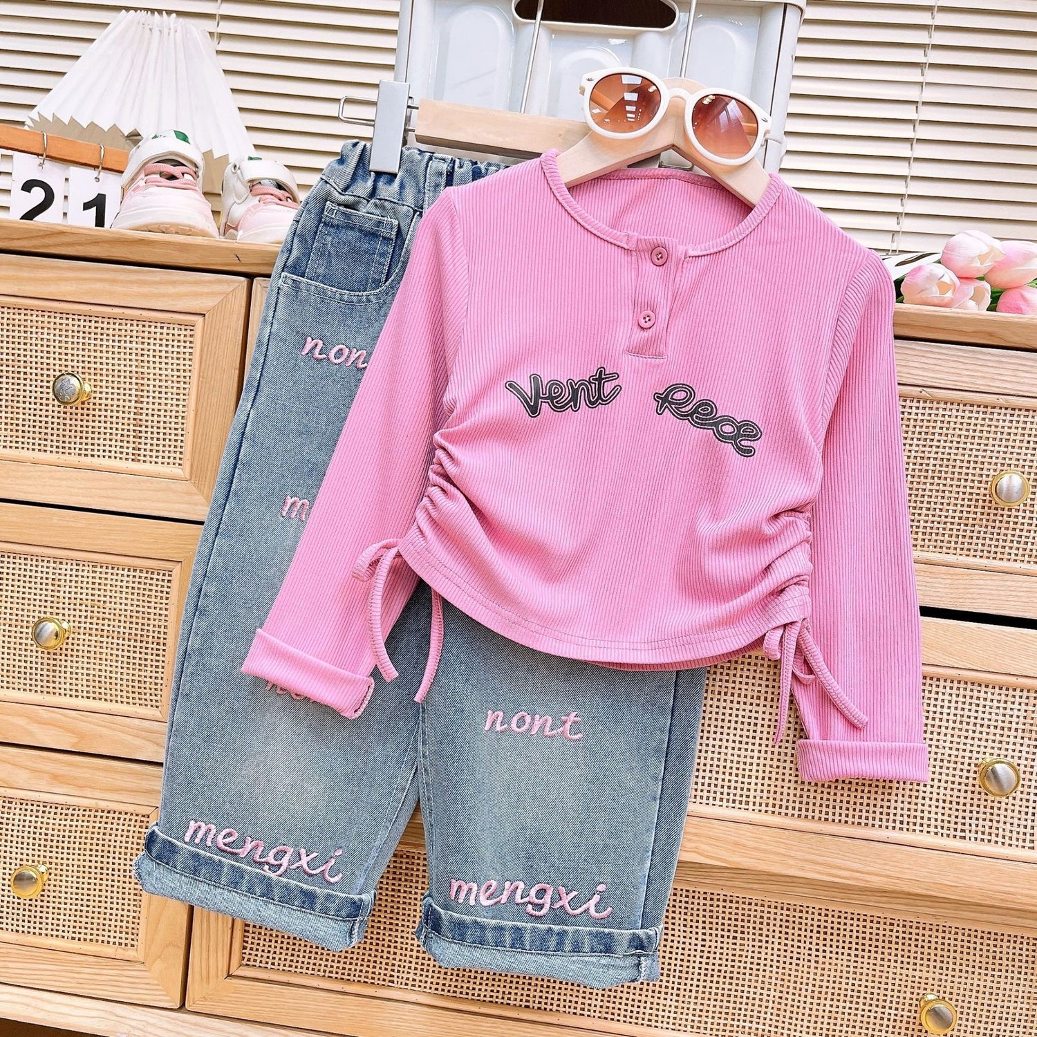 [363796] - Setelan Baju Lengan Panjang Celana Panjang Jeans Fashion Anak Perempuan - Motif Vent Red