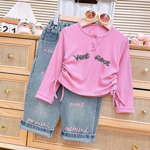 [363796] - Setelan Pink Ala Korea Baju Kaos Lengan Panjang Celana Panjang Jeans Fashion Anak Perempuan Cewek - Motif Vent Red