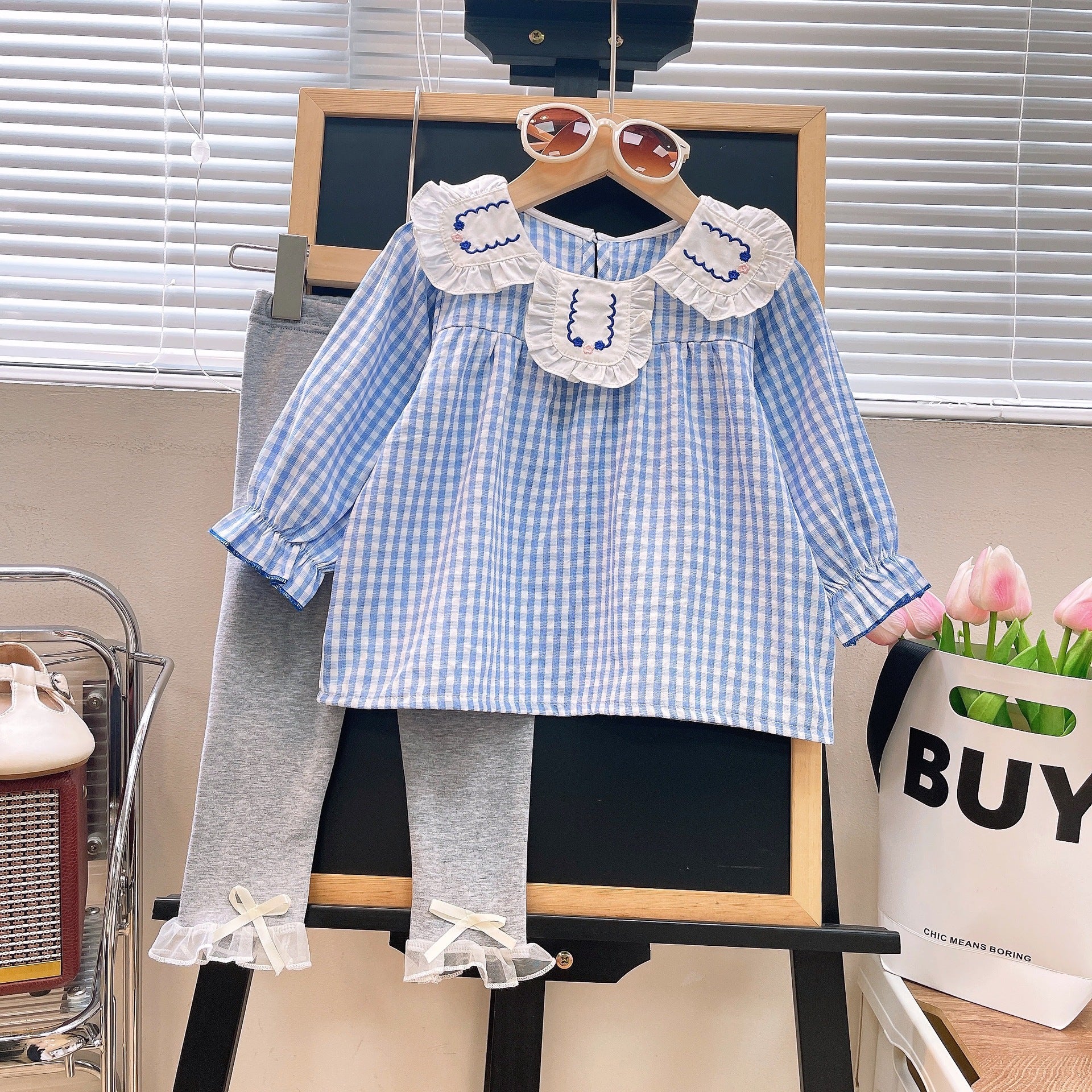 [363797] - Setelan Baju Blouse Lengan Panjang Celana Panjang Fashion Anak Perempuan - Motif Plaid Collar