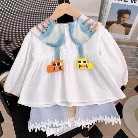 [363799] - Setelan 2in1 Baju Blouse Putih Lengan Panjang Celana Jeans Panjang Fashion Anak Perempuan Cewek - Motif Rainbow Smile