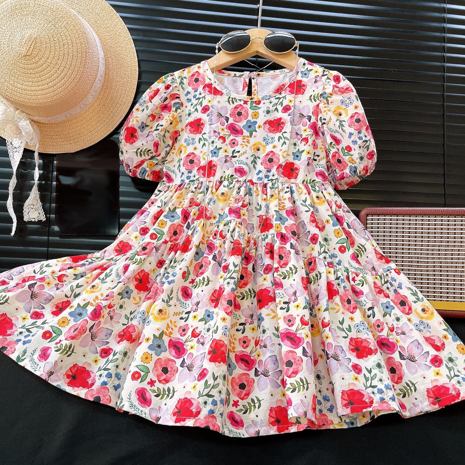 [363802] - Baju Dress Lengan Pendek Fashion Anak Perempuan - Motif Flower Leaves