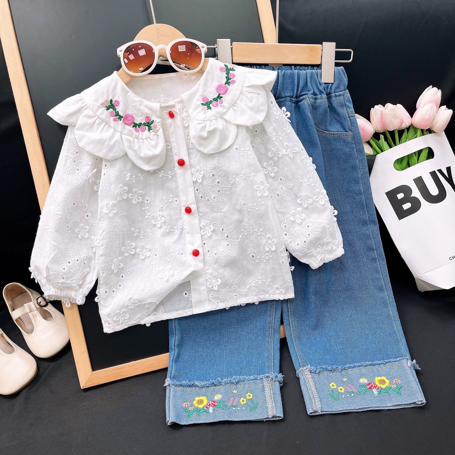 [363805] - Setelan Baju Blouse Lengan Panjang Celana Panjang Jeans Fashion Anak Perempuan - Motif Little Flower