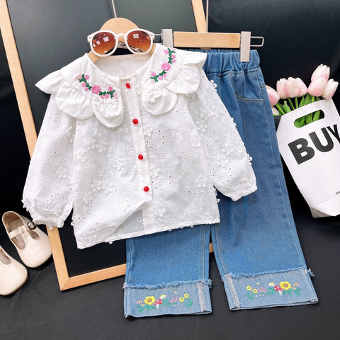 [363805] - Setelan 2in1 Baju Blouse Lengan Panjang Celana Panjang Jeans Fashion Anak Perempuan Cewek - Motif Little Flower