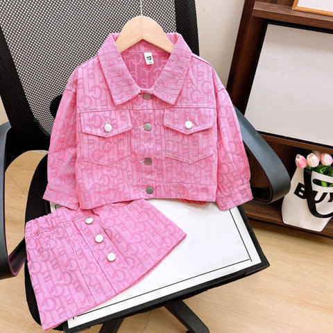 [363808] - Oneset 2in1 Setelan Pink Jaket Lengan Panjang Bawahan Rok Pendek Baju Fashion Anak Perempuan Cewek - Motif Letter Line