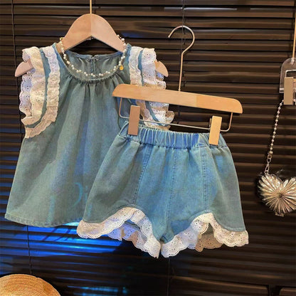 [363810] - Setelan Baju Kutung Celana Pendek Fashion Anak Perempuan - Motif Plain Lace