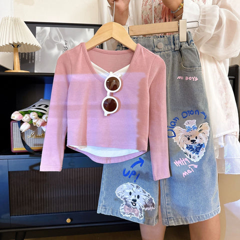 [363815] - Setelan One Set Baju Lengan Panjang Celana Panjang Jeans  Kulot Fashion Anak Perempuan - Motif Funny Animal Faces