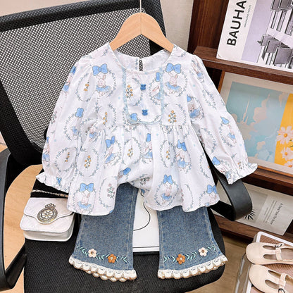 [363817] - Setelan Baju Blouse Lengan Panjang Bawahan Celana Jeans Panjang Fashion Anak Perempuan - Motif Animal Flowers