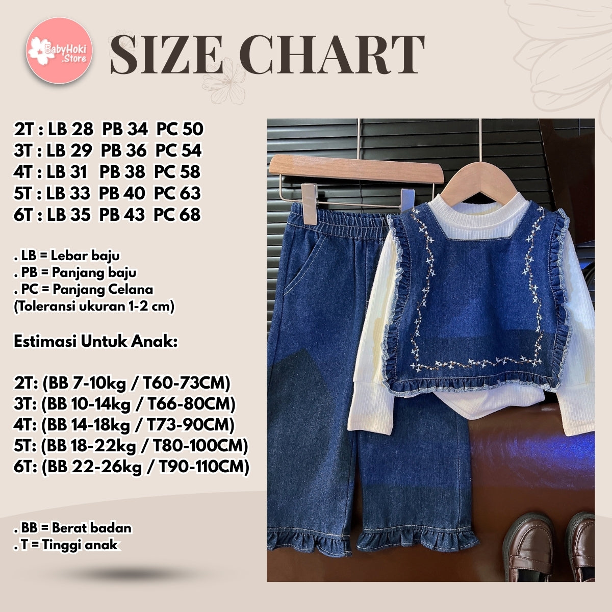 [363818] - Setelan Baju 3 in 1 Rompi Denim Atasan Lengan Panjang Celana Panjang Jeans Fashion Anak Perempuan - Motif Beauty Line - BABYHOKI STORE