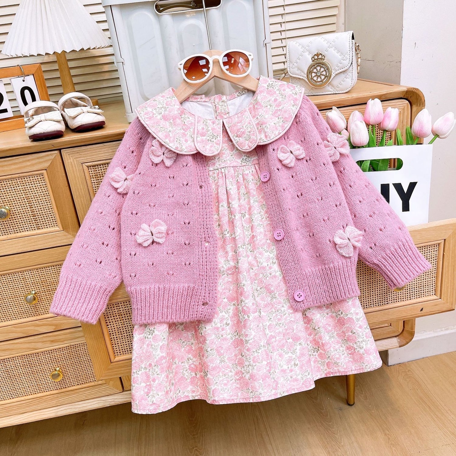 [363819] - Setelan 2 in 1 Baju Dress Sweater Rajut Lengan Panjang Fashion Anak Perempuan - Motif Ribbon Butterfly