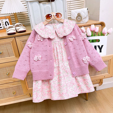 [363819] - Oneset 2in1 Pink Floral Setelan Baju Dress Sweater Rajut Cardigan Knit Lengan Panjang Fashion Anak Perempuan Cewek - Motif Ribbon Butterfly Pink