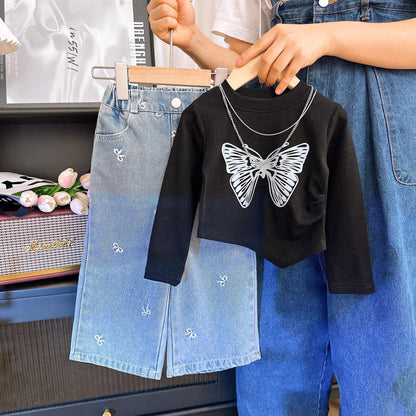 [363820] - Setelan Baju Lengan Panjang Celana Jeans Panjang Fashion Anak Perempuan - Motif Butterfly