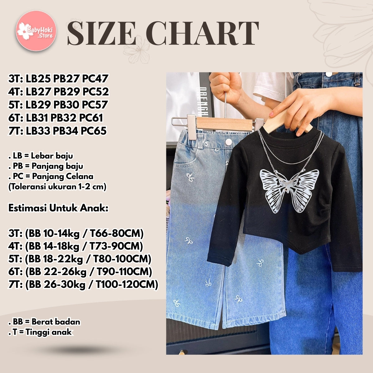 [363820] - Setelan One Set Baju Kaos Lengan Panjang Celana Jeans Kulot Panjang Fashion Anak Perempuan - Motif Butterfly
