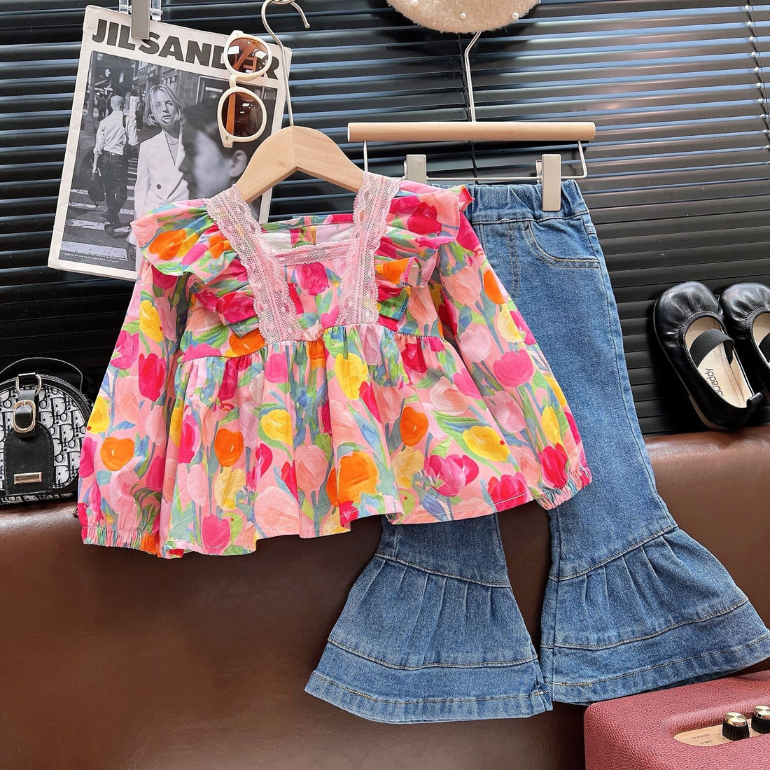 [363823] - Setelan Baju Blouse Lengan Panjang Celana Panjang Jeans Fashion Anak Perempuan - Motif Flowers Pink