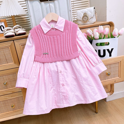 [363824] - Setelan 2 in 1 Baju Dress Lengan Panjang Atasan Rompi Sweater Fashion Anak Perempuan - Motif Soft Neat