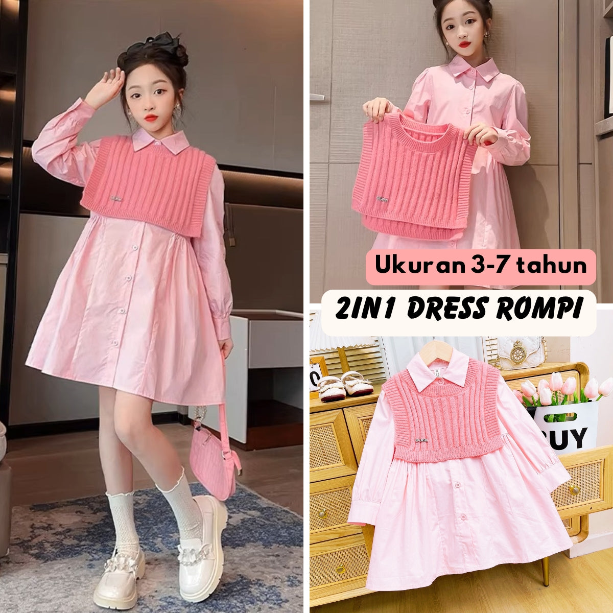 [363824] - Setelan 2 in 1 Baju Dress Lengan Panjang Atasan Rompi Sweater Fashion Anak Perempuan - Motif Soft Neat