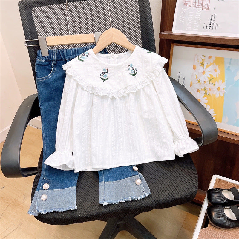 [363825] - Setelan Baju Blouse Lengan Panjang Celana Jeans Panjang Fashion Anak Perempuan - Motif White Flowers