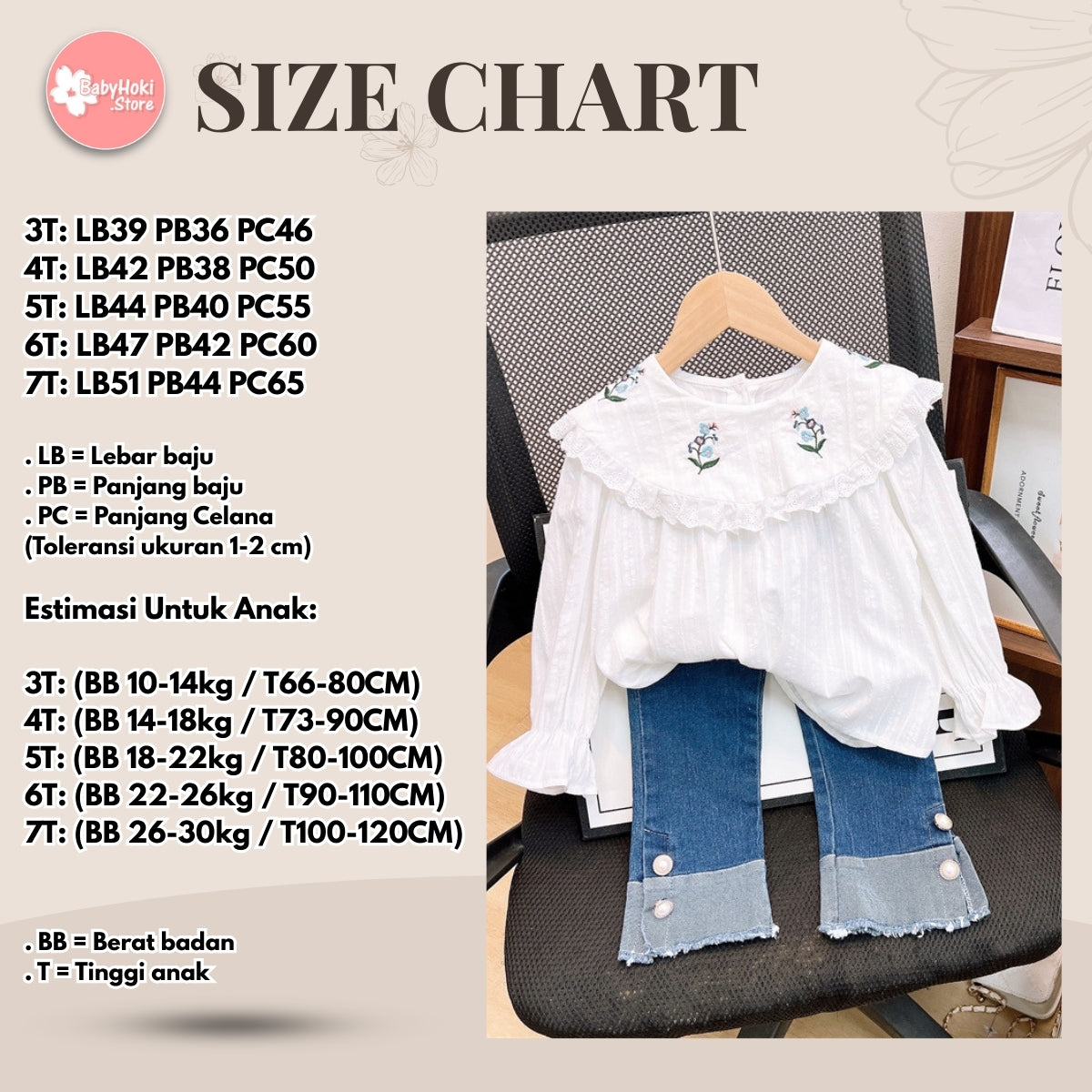 [363825] - Setelan Baju Blouse Lengan Panjang Celana Jeans Panjang Fashion Anak Perempuan - Motif White Flowers - BABYHOKI STORE