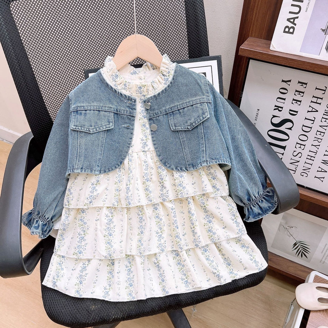 [363826] - Setelan 2 In 1 Baju Dress Jaket Denim Lengan Panjang Fashion Anak Perempuan - Motif Flower Denim