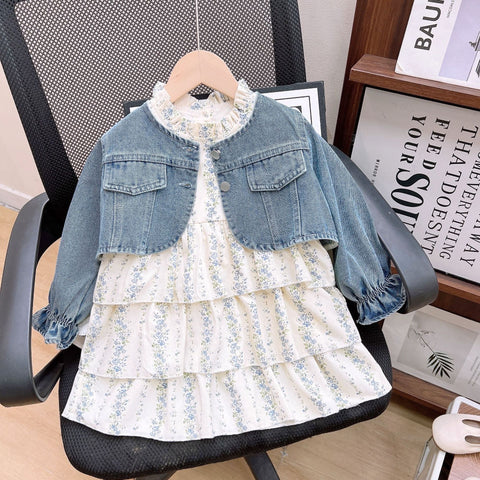 [363826] - Setelan 2 In 1 Baju Dress Jaket Denim Lengan Panjang Fashion Anak Perempuan - Motif Flower Denim