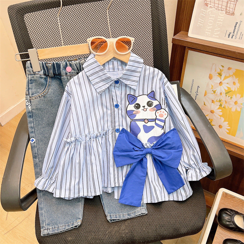 [363827] - Setelan Baju Kemeja Lengan Panjang Celana Jeans Panjang Fashion Anak Perempuan - Motif Cute Ribbon Cat