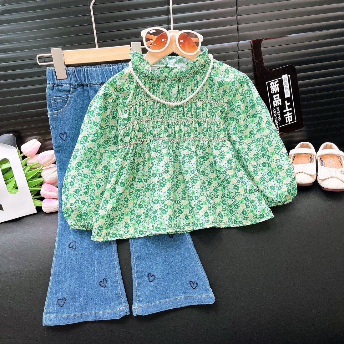 [363829] - Setelan Baju Blouse Lengan Panjang Celana Jeans Panjang Fashion Anak Perempuan - Motif Little Heart Flower
