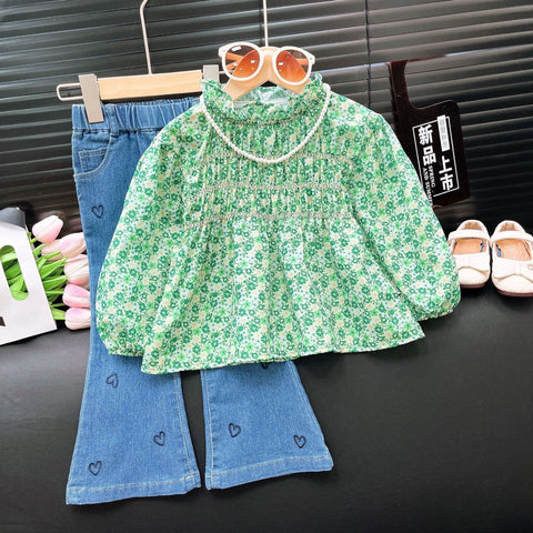[363829] - Setelan Baju Blouse Lengan Panjang Celana Jeans Panjang Fashion Anak Perempuan - Motif Little Heart Flower