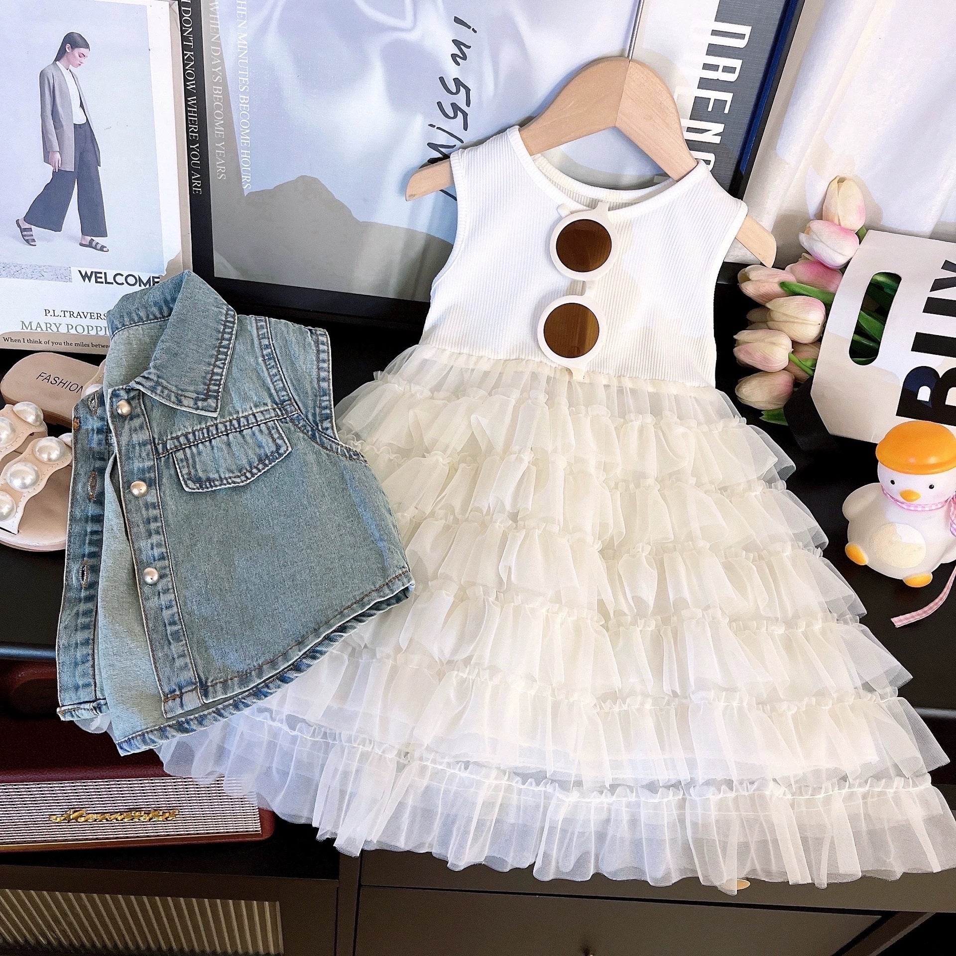 [363831] - Oneset Anak Cewek Setelan Rompi Denim Vest Baju Dress Tutu Putih Tulle Layer Fashion Anak Perempuan Lengan Kutung