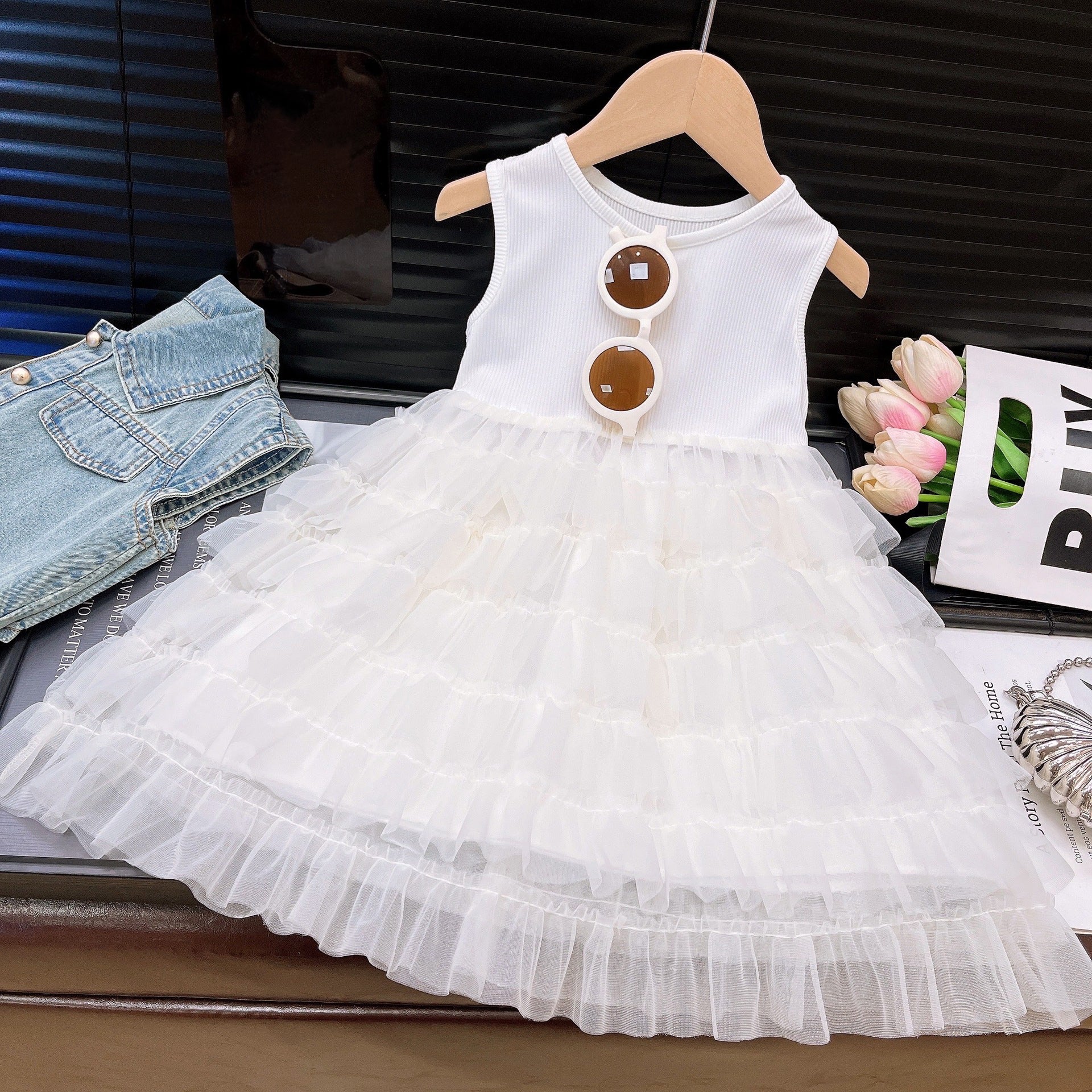 [363831] - Oneset Anak Cewek Setelan Rompi Denim Vest Baju Dress Tutu Putih Tulle Layer Fashion Anak Perempuan Lengan Kutung