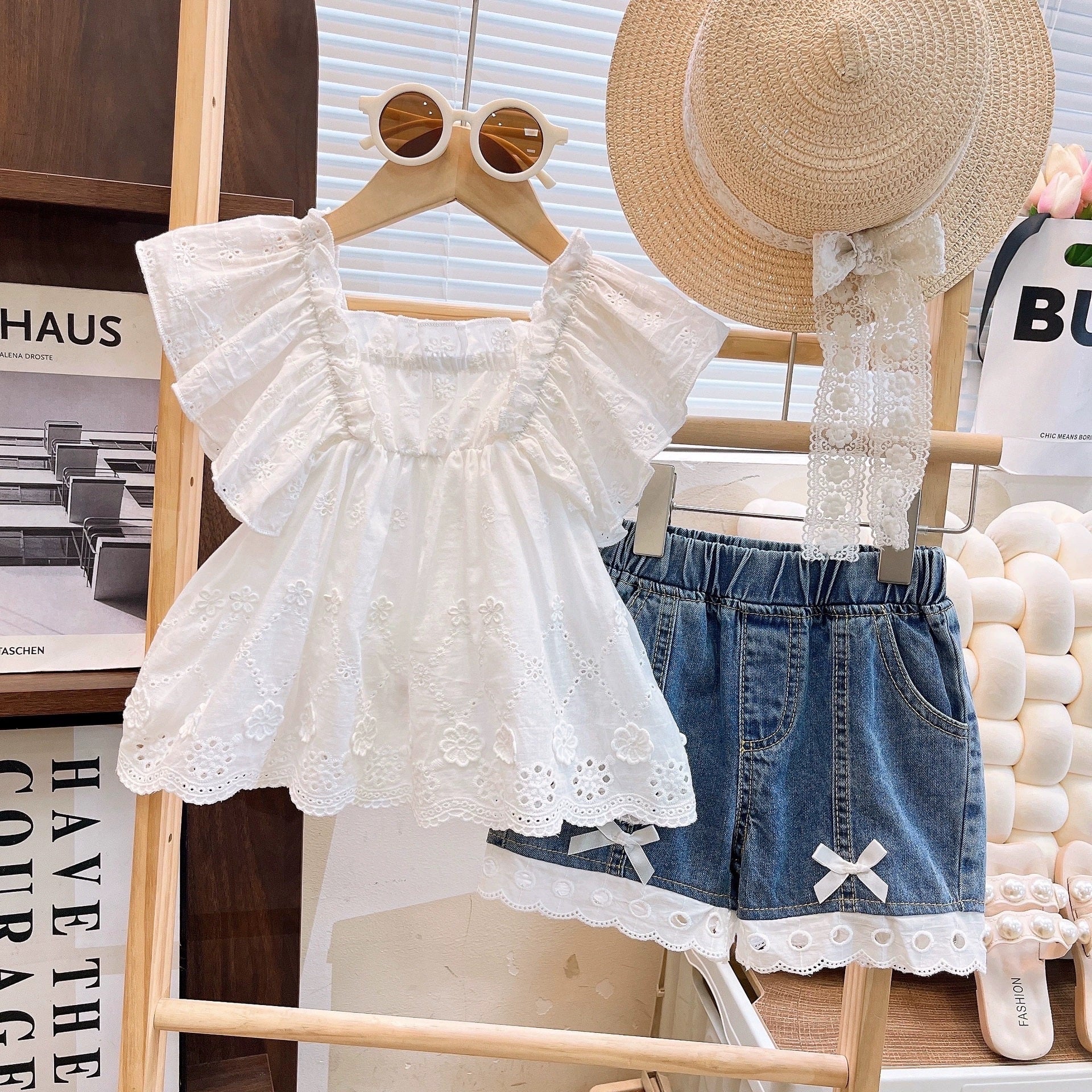 [363832] - Oneset Broderie Off Shoulder Putih Anak Cewek lucu Setelan Baju Lengan Kutung Celana Pendek Fashion Anak Perempuan