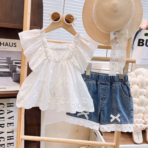[363832] - Oneset Broderie Off Shoulder Putih Anak Cewek lucu Setelan Baju Lengan Kutung Celana Pendek Fashion Anak Perempuan