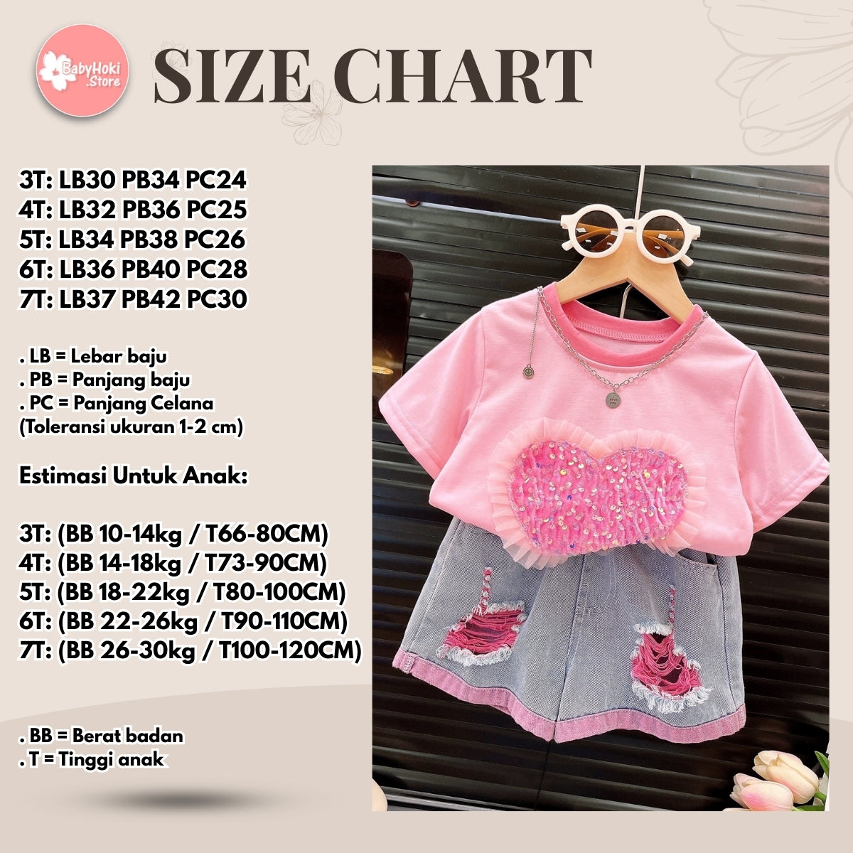 [363833] - Oneset 2in1 Cewek Setelan Baju Kaos Lengan Pendek Celana Jeans Denim Sobek Pendek Fashion Anak Perempuan - Motif Pink Love - BABYHOKI STORE