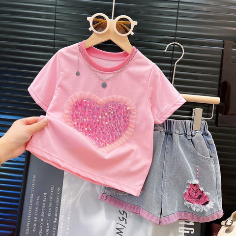 [363833] - Oneset 2in1 Cewek Setelan Baju Kaos Lengan Pendek Celana Jeans Denim Sobek Pendek Fashion Anak Perempuan - Motif Pink Love - BABYHOKI STORE