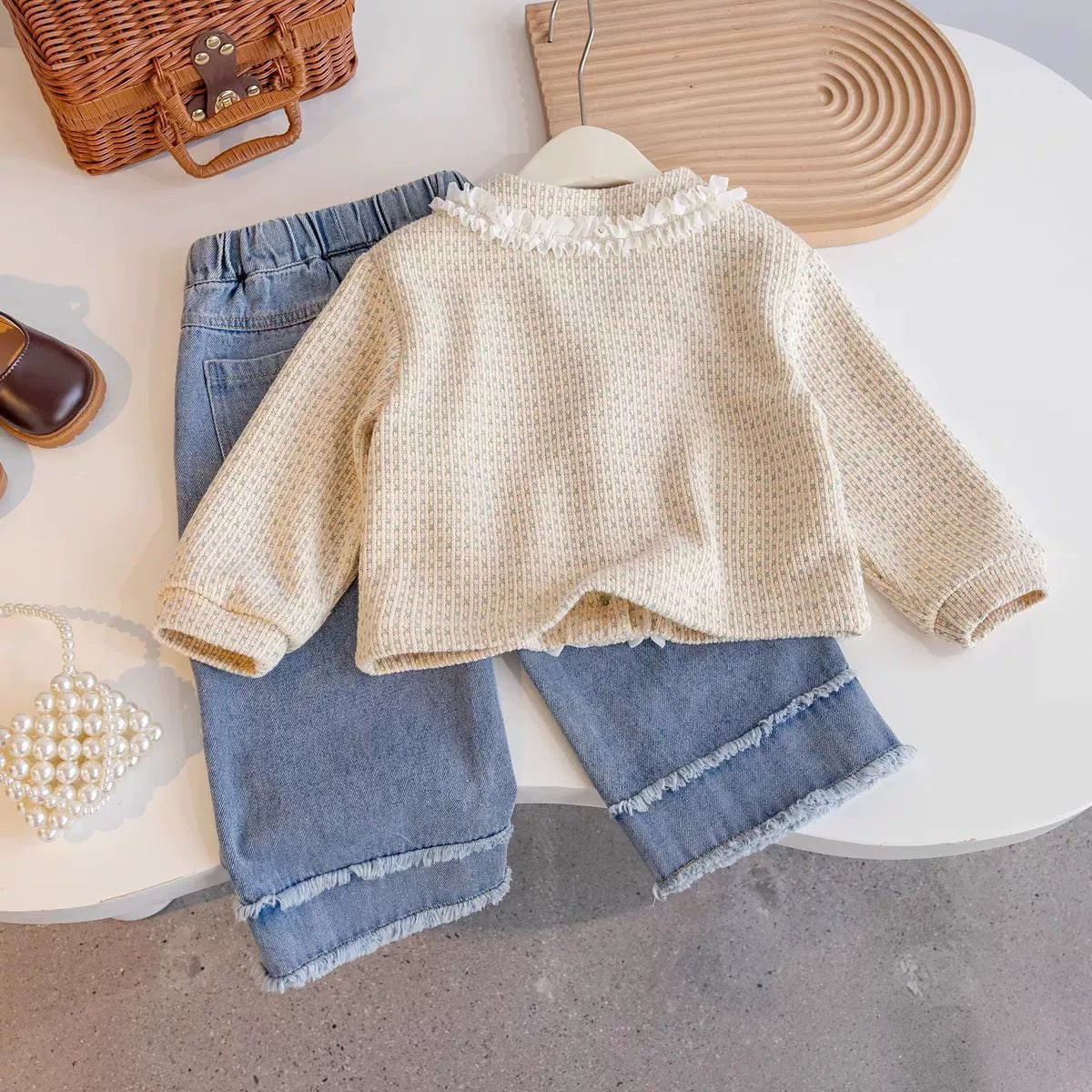 [363834] - Oneset Cardigan Rajut Anak Setelan Baju Lengan Panjang Celana Jeans Panjang Fashion Anak Perempuan