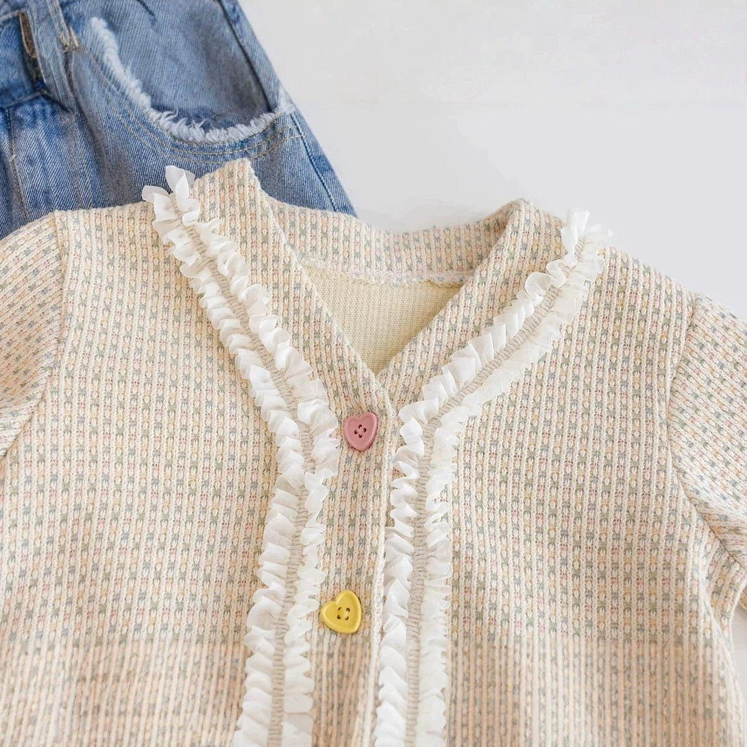 [363834] - Oneset Cardigan Rajut Anak Setelan Baju Lengan Panjang Celana Jeans Panjang Fashion Anak Perempuan