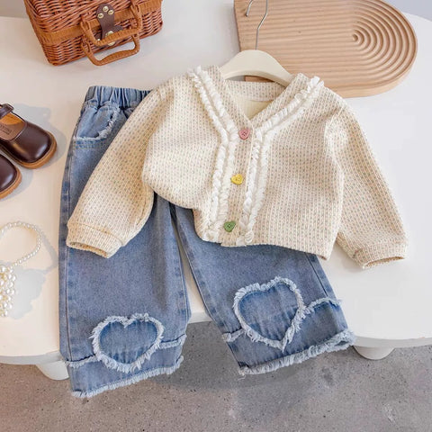 [363834] - Oneset Cardigan Rajut Anak Setelan Baju Lengan Panjang Celana Jeans Panjang Fashion Anak Perempuan