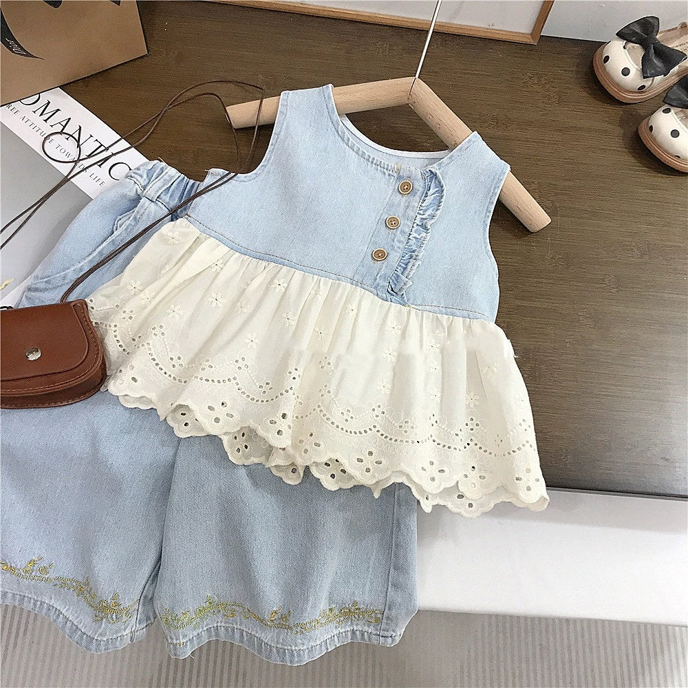 [363836] - One Set 2in1 Baju Setelan Blouse Lengan Kutung Celana Panjang Kulot Fashion Anak Perempuan - Motif White Flowers - BABYHOKI STORE