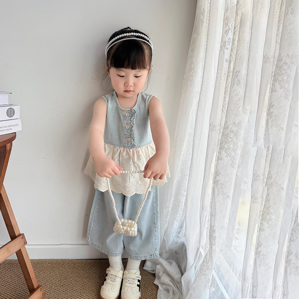 [363836] - One Set 2in1 Baju Setelan Blouse Lengan Kutung Celana Panjang Kulot Fashion Anak Perempuan - Motif White Flowers - BABYHOKI STORE