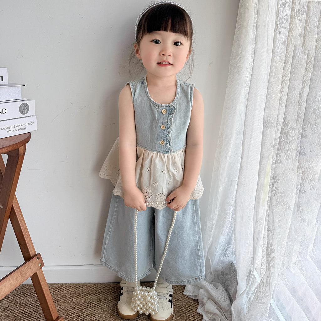 [363836] - One Set 2in1 Baju Setelan Blouse Lengan Kutung Celana Panjang Kulot Fashion Anak Perempuan - Motif White Flowers - BABYHOKI STORE