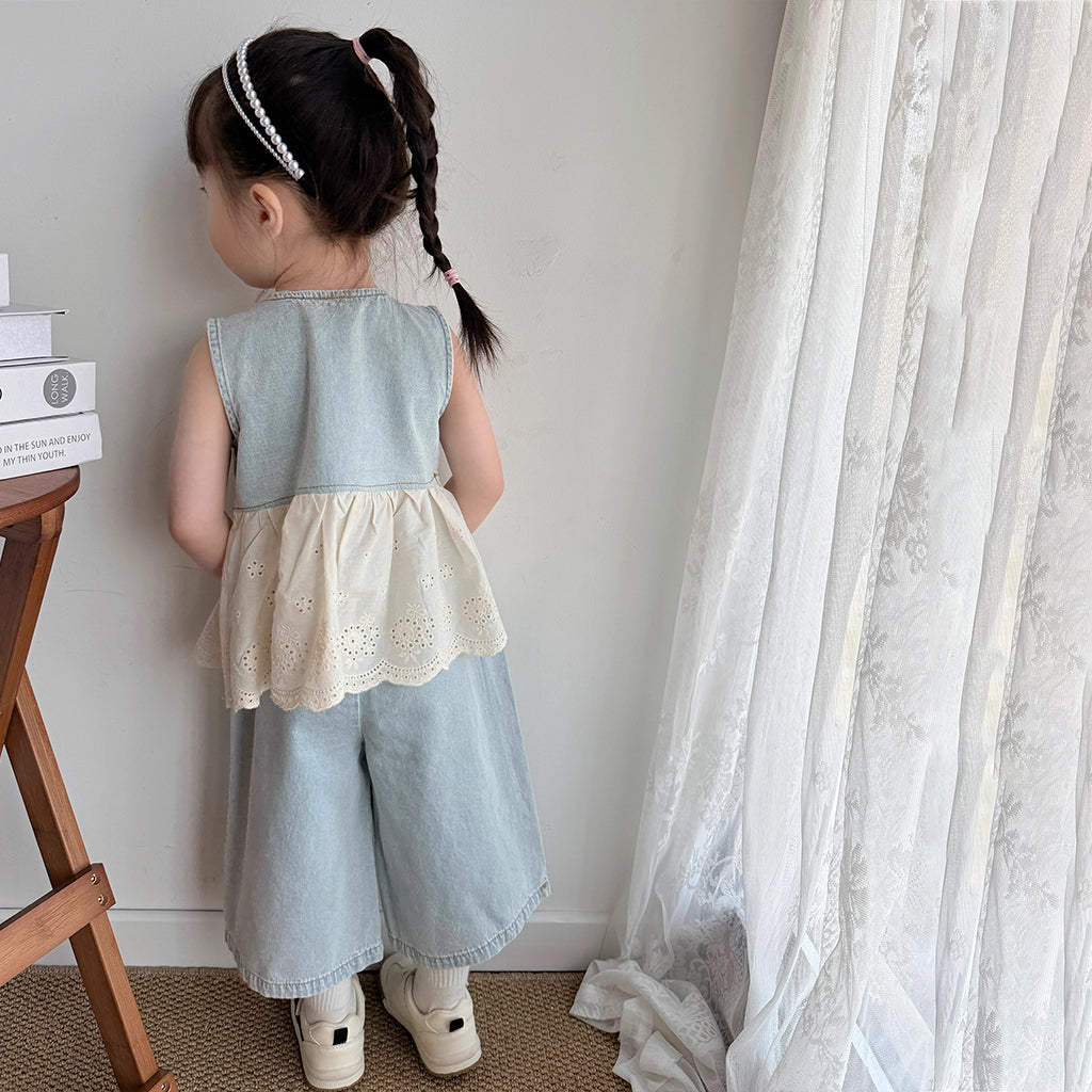 [363836] - One Set 2in1 Baju Setelan Blouse Lengan Kutung Celana Panjang Kulot Fashion Anak Perempuan - Motif White Flowers - BABYHOKI STORE