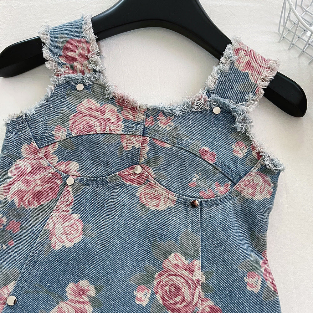 [363837] - One Set 2in1 Baju Setelan Blouse Denim Lengan Kutung Celana Pendek Fashion Anak Perempuan - Motif Pink Flower Tassel - BABYHOKI STORE