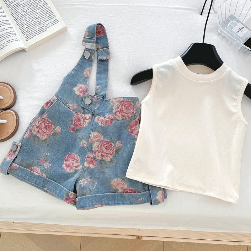 [363838] - Oneset 2in1 Denim Floral Setelan Baju Overall Lengan Kutung Celana Pendek Fashion Anak Perempuan Cewek  - Motif Pink Flowers
