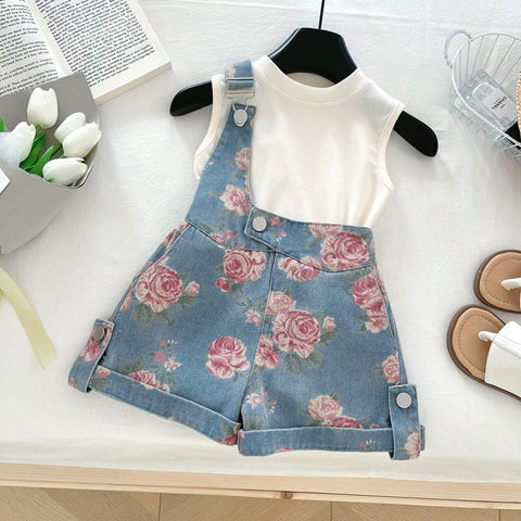 [363838] - Oneset 2in1 Denim Floral Setelan Baju Overall Lengan Kutung Celana Pendek Fashion Anak Perempuan Cewek  - Motif Pink Flowers