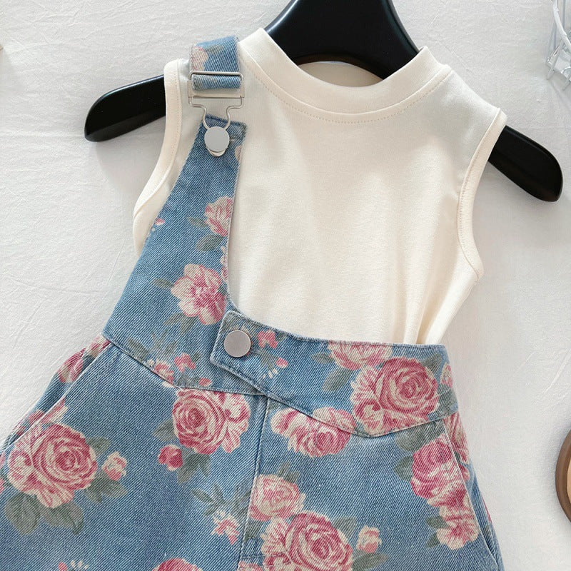 [363838] - Oneset 2in1 Denim Floral Setelan Baju Overall Lengan Kutung Celana Pendek Fashion Anak Perempuan Cewek  - Motif Pink Flowers