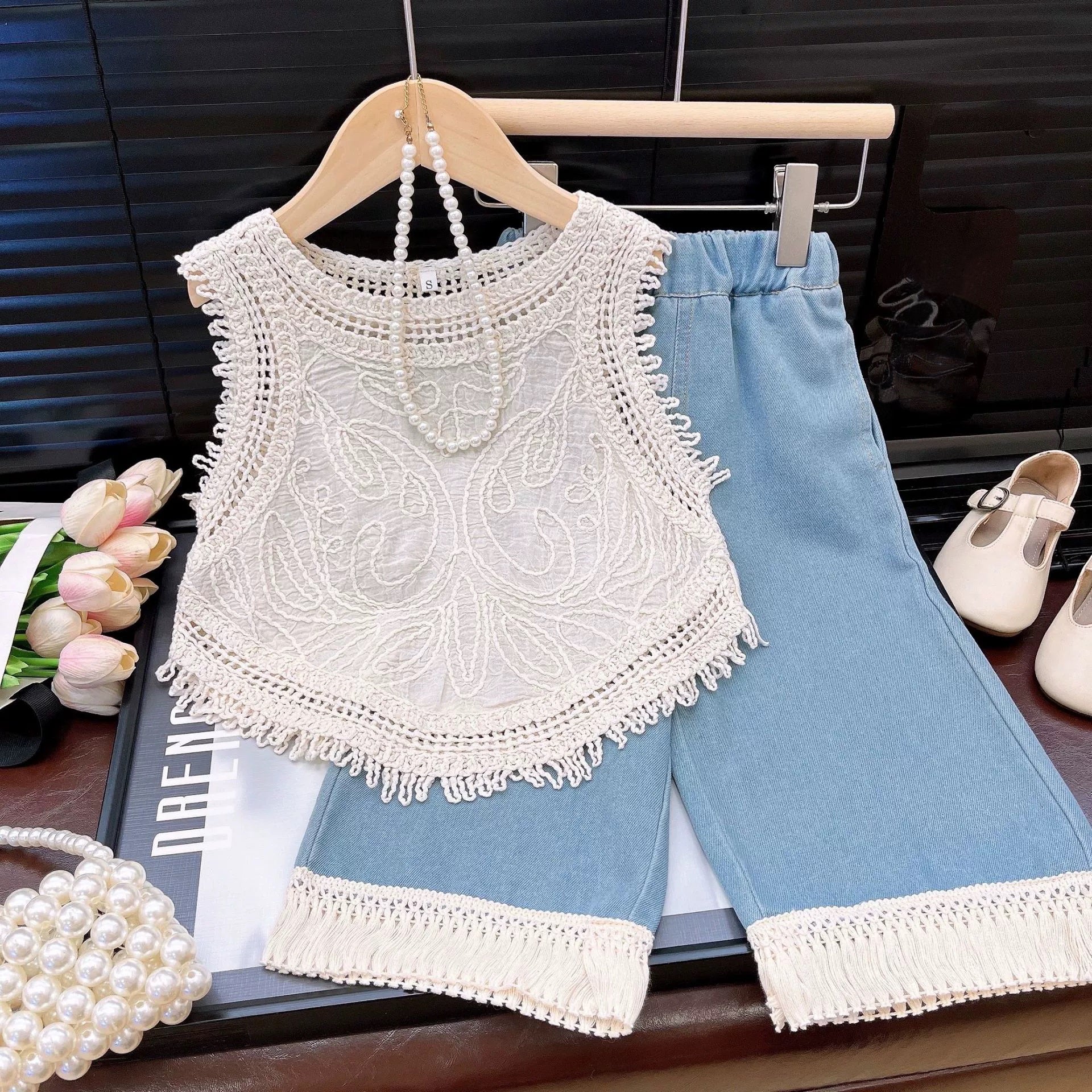 [363839] - Oneset Casual Modis Ala korea Baju Setelan 2in1 Rajut Lengan Kutung Celana Panjang Denim Fashion Anak Perempuan Cewek - Motif Abstract