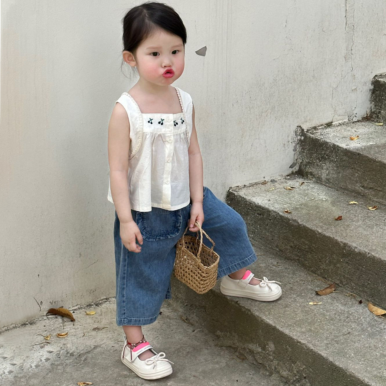 [363840] - Baju Setelan Atasan Blouse Lengan Kutung Celana Panjang Kulot Fashion Anak Perempuan - Motif Cherry - BABYHOKI STORE