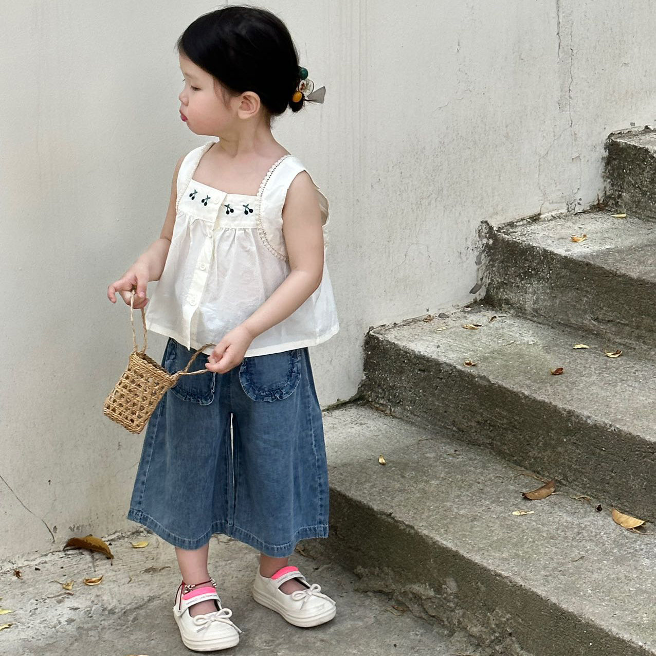 [363840] - Baju Setelan Atasan Blouse Lengan Kutung Celana Panjang Kulot Fashion Anak Perempuan - Motif Cherry - BABYHOKI STORE