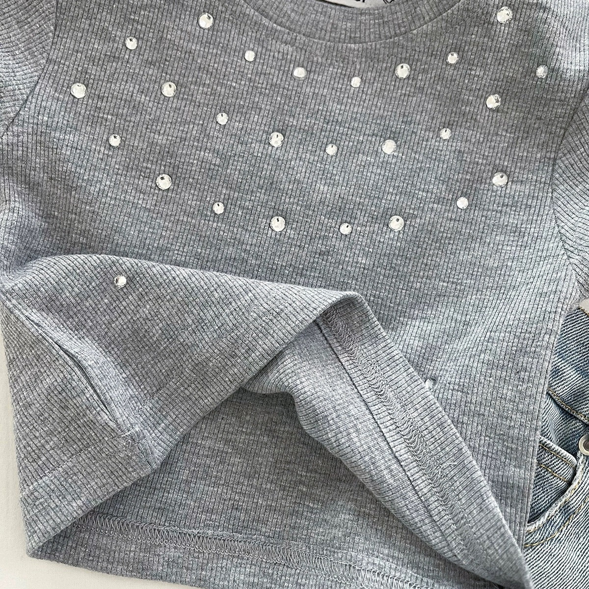 [363841] - Baju Setelan Atasan Kaos Lengan Pendek Bawahan Rok Denim Fashion Anak Perempuan - Motif White Polka - BABYHOKI STORE