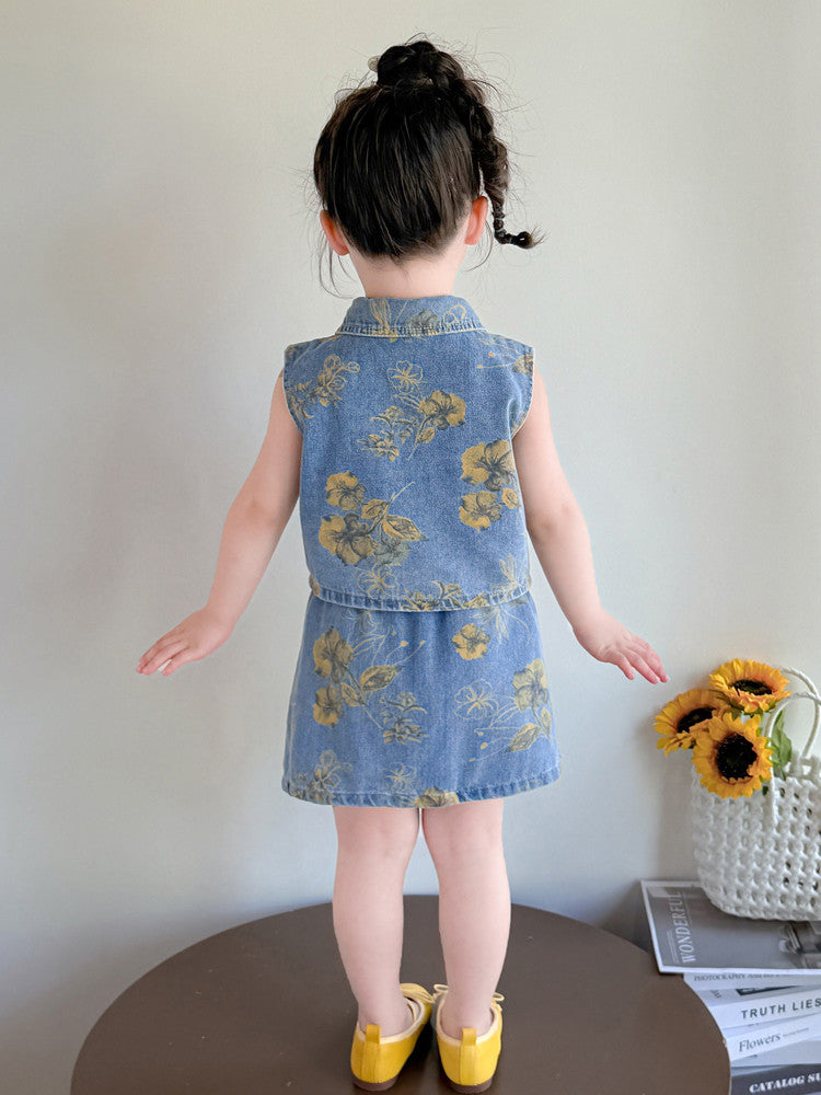 [363842] - One Set 2in1  Baju Setelan Atasan Rompi Denim Lengan Kutung Bawahan Rok Denim Fashion Anak Perempuan - Motif Yellow Flowers - BABYHOKI STORE